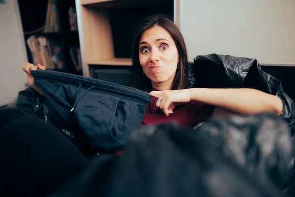 Woman Holding Size Pants Getting Rid Old Clothes — Stok Foto