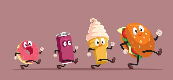 Fast Food Items Running Funny Concept Cartoon Illustration - Stok Vektor