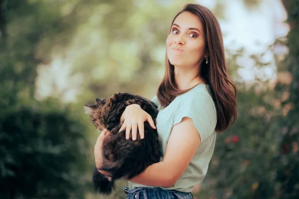 Funny Pet Owner Holding Her Cat Arms — Fotografia de Stock