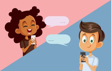 Happy Kids Texting Each Other Vector Cartoon Illustration