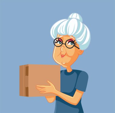 Senior Woman Holding a Cardboard Box Vector Cartoon Illustration