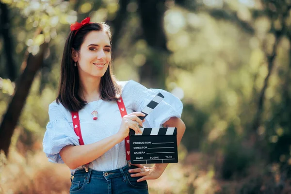Happy Actress Holding Cinema Clapper Forest — Stock Photo, Image