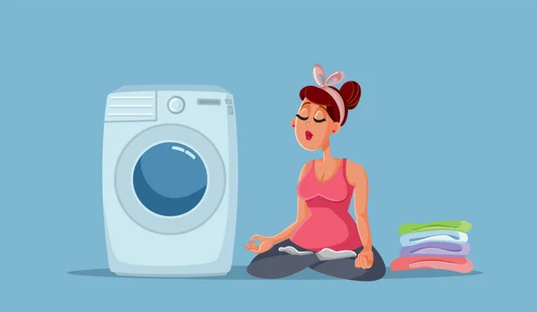 Calm Woman Laundry Waiting Next Washing Machine - Stok Vektor
