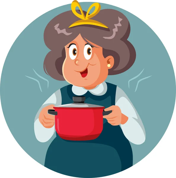 Happy Granny Holding Cooking Pot Vector Cartoon Illustration — 图库矢量图片