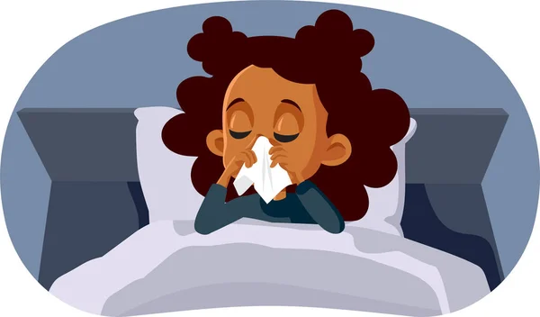 Sick Girl Blowing Her Nose Sitting Bed Vector Cartoon — Stockový vektor