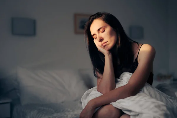 Tired Sad Woman Sitting Her Bedroom Alone — Stok fotoğraf