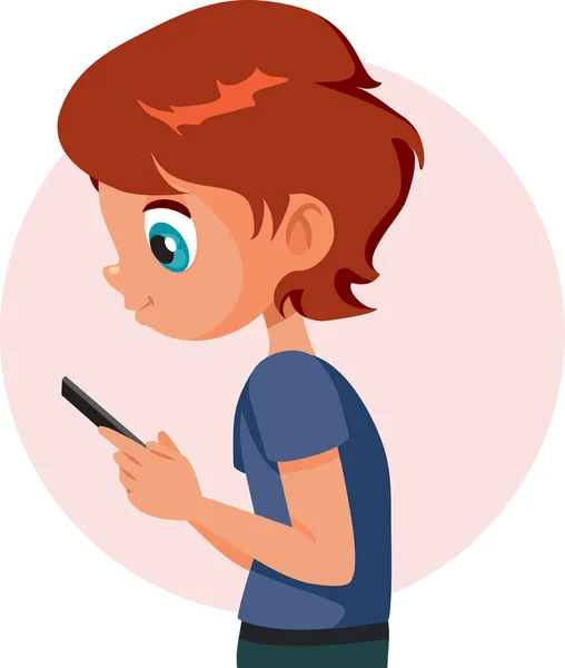 Boy Checking His Smartphone Chatting Online Vector Cartoon Illustration — ストックベクタ