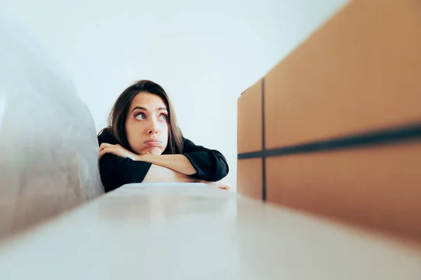 Worried Businesswoman Sitting Storage Room — Foto Stock