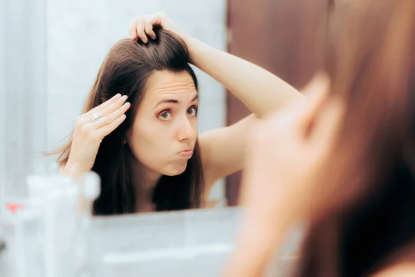 Stressed Aging Woman Checking Gray Hairs — Zdjęcie stockowe