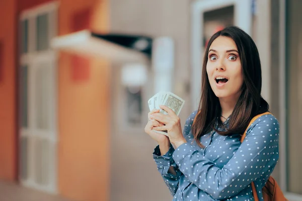 Cheerful Woman Holding Cash Money Front Atm Machine — Zdjęcie stockowe