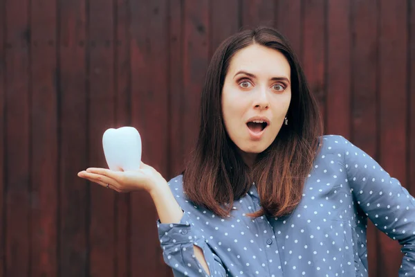 Funny Cheerful Woman Holding Molar Tooth — Stok Foto