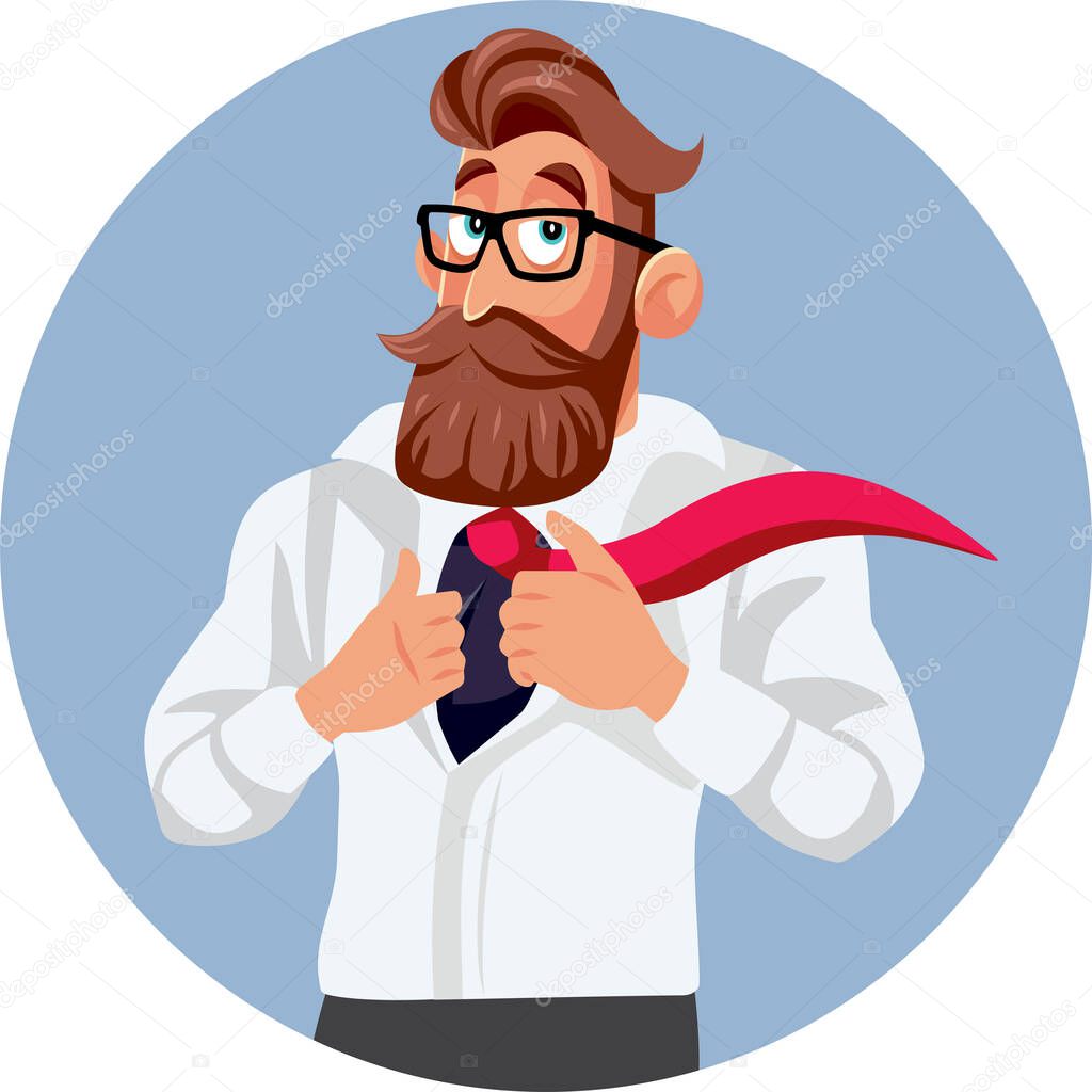Strong Businessman Revealing His Superhero Identity Vector Cartoon
