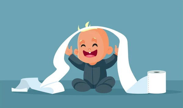 Baby Playing Toilet Paper Vector Cartoon Illustration — Wektor stockowy