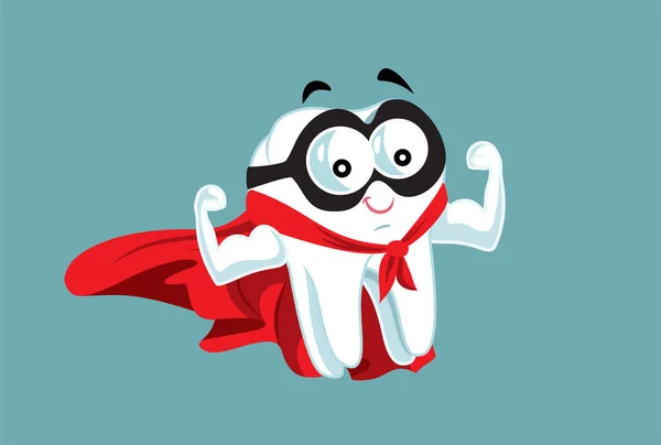 Strong Superhero Molar Tooth Vector Cartoon Mascot Character —  Vetores de Stock