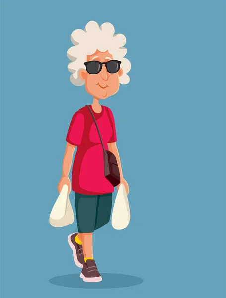 Cool Senior Woman Going Shopping Vector Cartoon Illustration - Stok Vektor