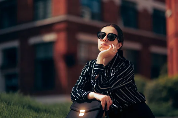 Sad Bored Businesswoman Waiting Outdoors Bench — Zdjęcie stockowe