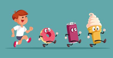 Hungry Boy Running After Delicious Treats Vector Cartoon Illustration