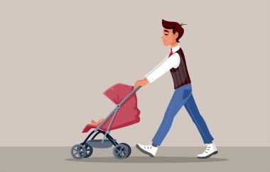 Happy Father Pushing the Stroller Vector Cartoon Illustration