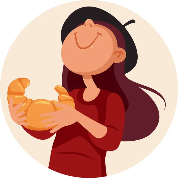 Happy Woman Wearing Beret Holding Croissant Vector Cartoon Illustration — Vetor de Stock