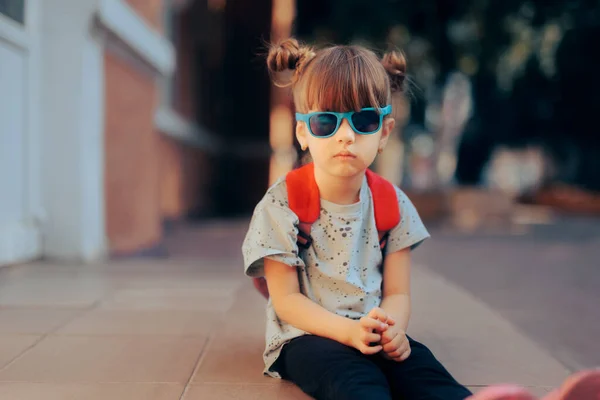 Sad Little Girl Feeling Anxious First Day Kindergarten — Zdjęcie stockowe