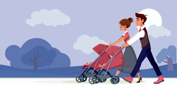 Young Family Walking Babies Strollers Vector Cartoon Illustration — Vector de stock