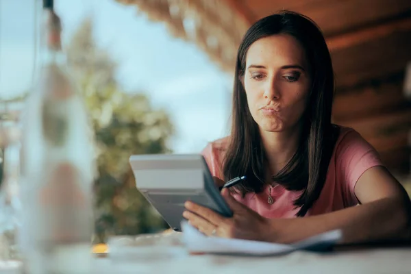 Stressed Woman Calculating Her Taxes Utility Bills Managing Her Budget — Foto Stock