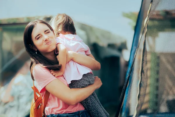 Exhausted Overwhelmed Mom Holding Her Toddler Girl — Stok Foto