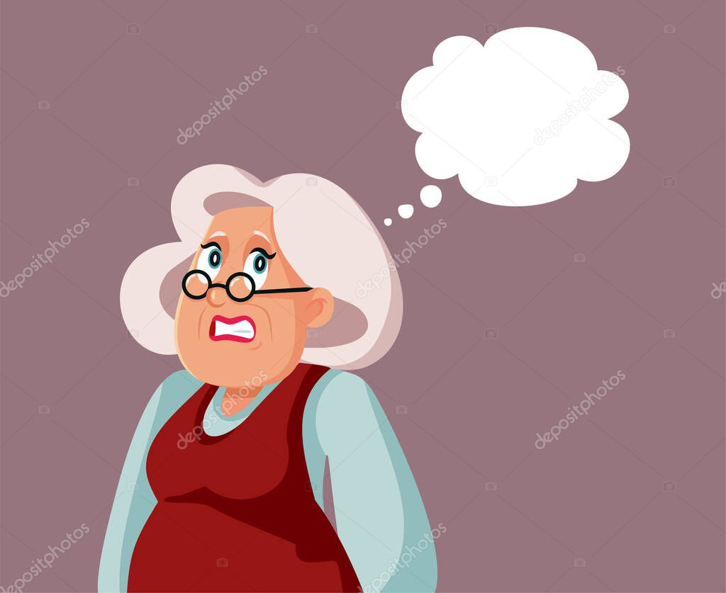 Worried Senior Woman with Thinking Bubble Vector Cartoon Character