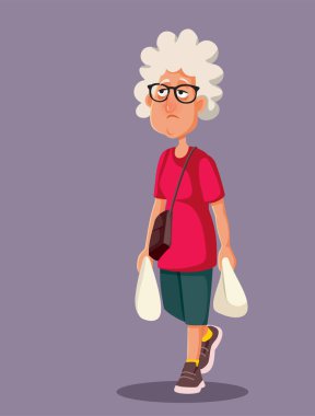 Unhappy Tired Senior Woman Holding Shopping Bags Vector Illustration
