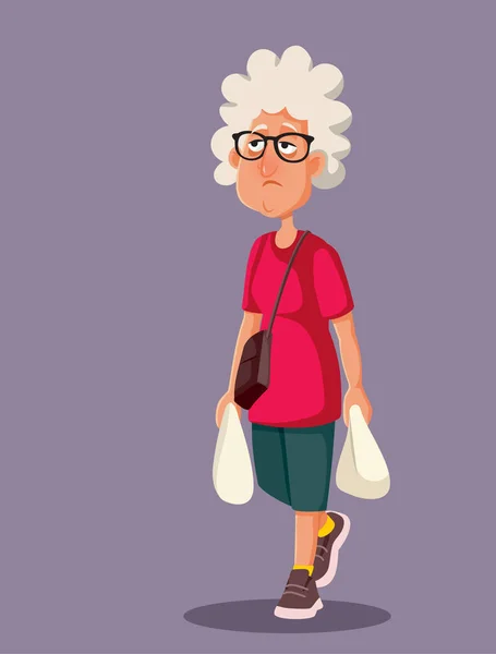 Unhappy Tired Senior Woman Holding Shopping Bags Vector Illustration — Stockvector