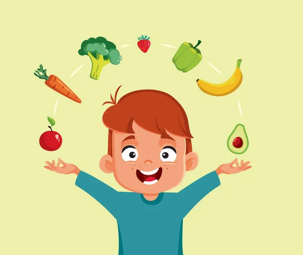 Cheerful Little Boy Enjoying Healthy Foods Vector Cartoon — Stock Vector