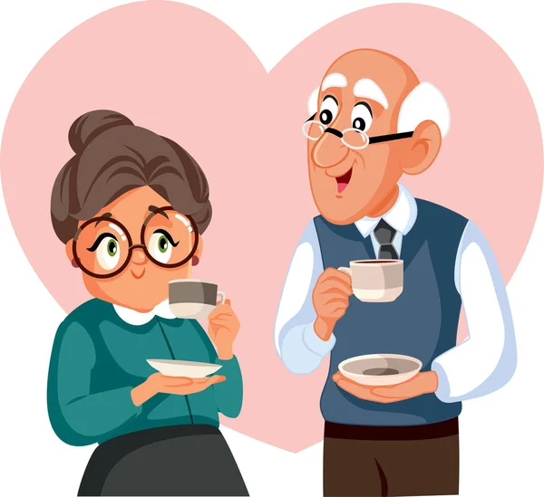 Elderly Couple Dating Drinking Coffee Together Vector Cartoon Illustration - Stok Vektor
