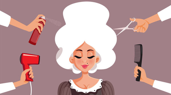 Beauty Team of Hair Stylists Arranging a Wig on an Aristocrat