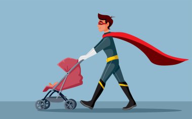 Superhero Father Pushing a Baby Stroller Vector Cartoon Illustration