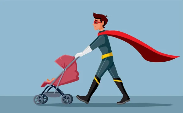 Superhero Father Pushing Baby Stroller Vector Cartoon Illustration — Stock Vector