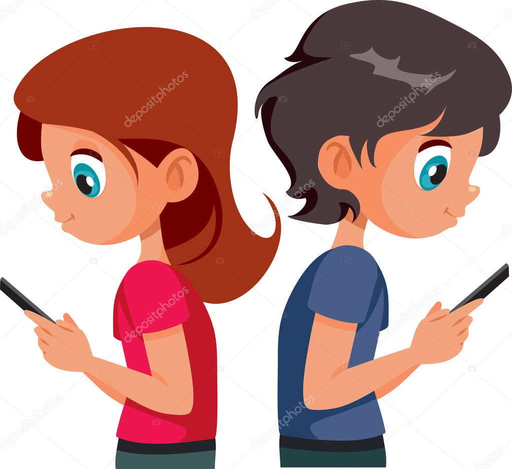 Friends Ignoring Each Other Texting on their Phone Vector Cartoon