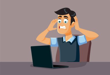 Stressed Man Looking at His Laptop Vector Cartoon illustration