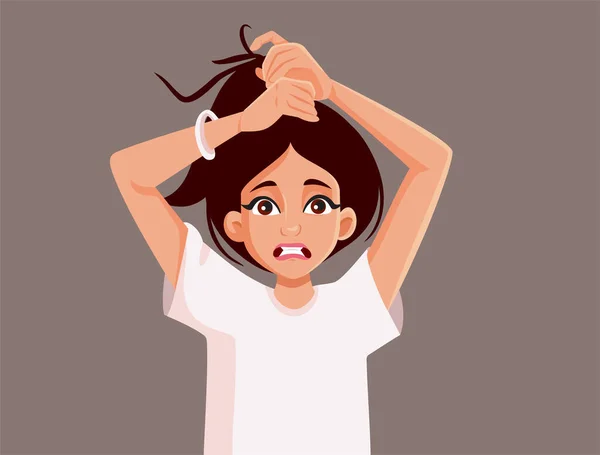 Woman Tying Her Frizzy Hair Ponytail Vector Illustration — стоковый вектор