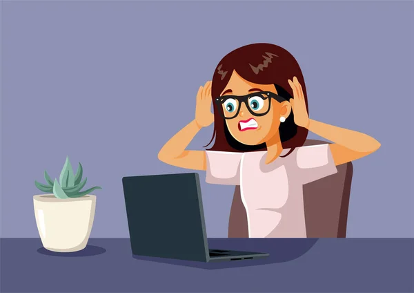 Stressed Desperate Woman Looking Her Laptop Vector Illustration — Vector de stock