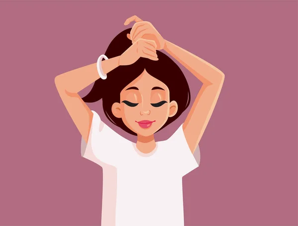Smiling Woman Putting Her Hair Ponytail Hairstyle — Stockvector
