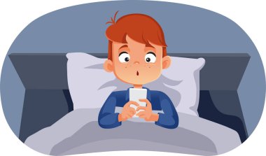 Yatmadan Önce Akıllı Telefon Kullanan Çocuk Vektör Çizgi Filmi Çizimi