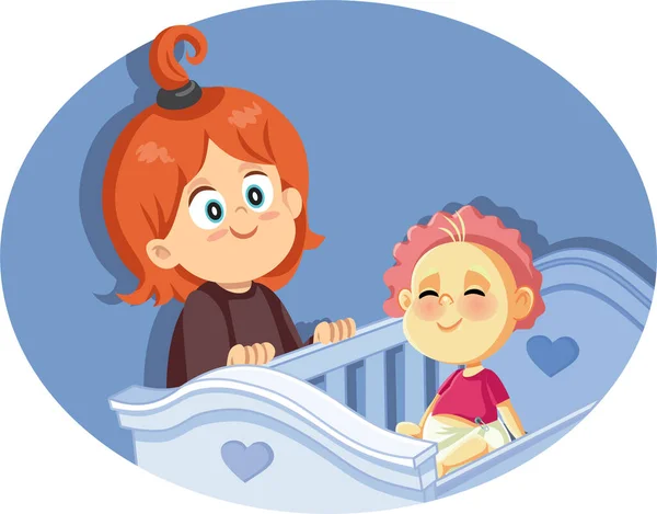 Happy Big Sister Checking Little Baby Brother Vector Cartoon — стоковый вектор