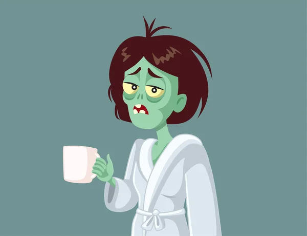 疲惫的僵尸女人拿着一杯咖啡向量卡通片 — 图库矢量图片