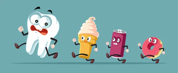 Fearful Tooth Running Away Fast Food Items Vector Cartoon - Stok Vektor