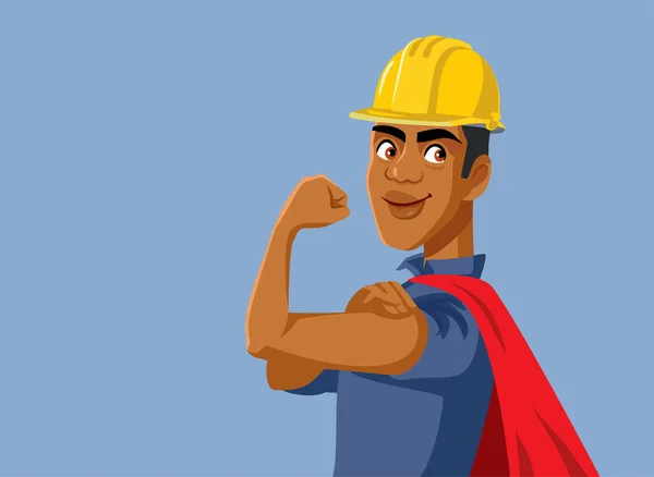 Superhéroe Obrero Construcción Flexing His Biceps Vector Cartoon Illustration — Archivo Imágenes Vectoriales