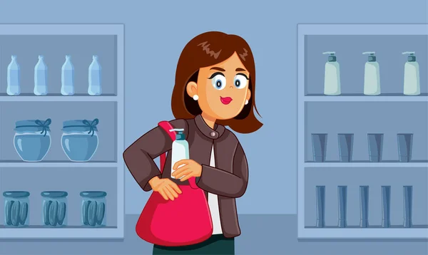 Kleptomaniac Woman Mencuri Dari Supermarket Vector Cartoon Illustration - Stok Vektor