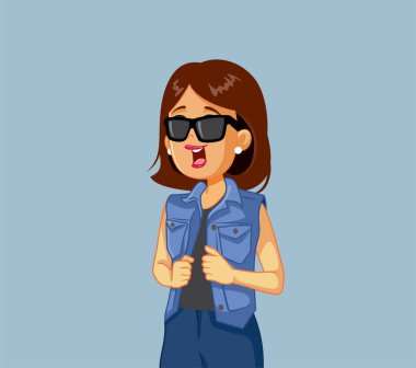 Kum Yeleği ve Güneş Gözlüğü Vektör Çizgi Filmi Giyen Havalı Genç Kadın