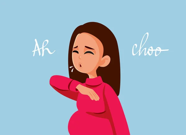 Zwangere Vrouw Niezen Gevoel Ziek Vector Cartoon Illustratie — Stockvector