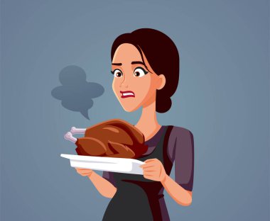 Stresli Deneyimsiz Aşçı Kavrulmuş Hindi Vektör Çizgifilmini Yakıyor