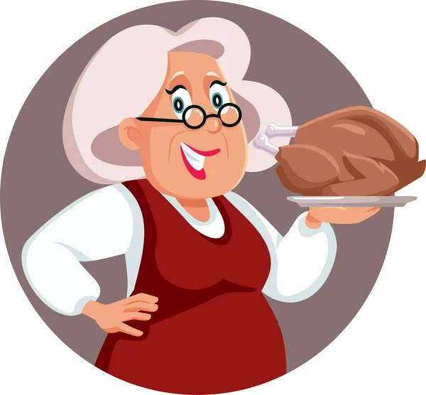 Happy Granny Holding Een Feestelijke Geroosterde Kalkoen Vector Cartoon Illustratie — Stockvector